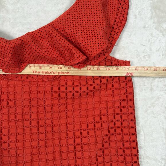 J Crew Top Red Eyelet Blouse Ruffle Lined Off the Shoulder Women's Size 4 - Picture 9 of 10